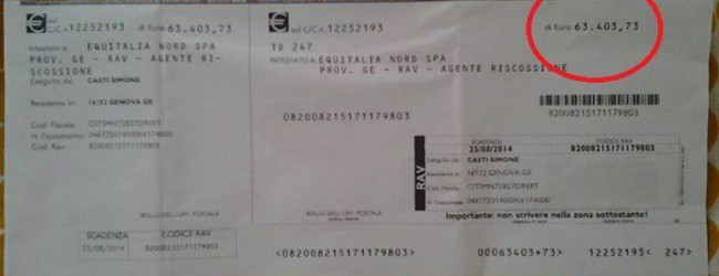 EQUITALIA GLI CHIEDE 63 MILA EURO ENTRO 15 GIORNI E LUI REAGISCE COSI' - 20/04/2015