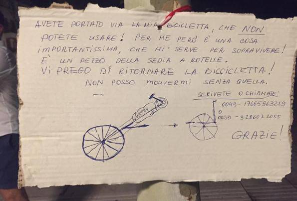 RUBANO LA BICICLETTA DI UN DISABILE, IL SUO APPELLO E' STRAZIANTE - 15/09/2016