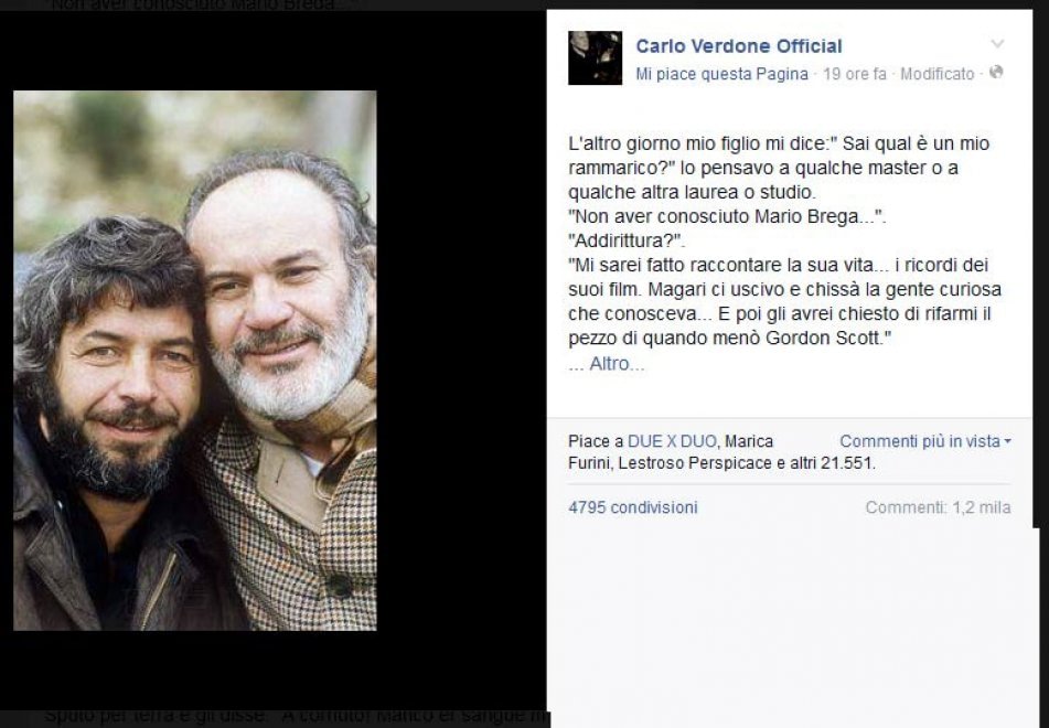 CARLO VERDONE RICORDA MARIO BREGA: L'OMAGGIO E' UN CULT SU FACEBOOK - 06/03/2016