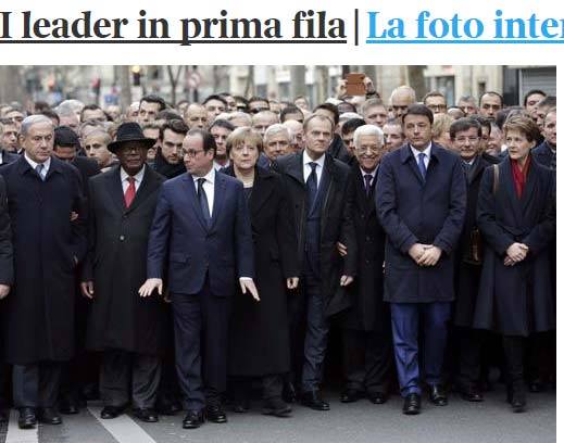 QUESTA FOTO CON I LEADER EUROPEI IN TESTA ALLA MARCIA DI PARIGI? MA C'E' QUALCOSA CHE NON TORNA - GUARDA - 12/01/2015