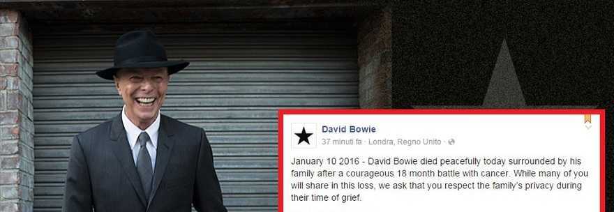 E' MORTO DAVID BOWIE: L'ANNUNCIO SULLA PAGINA FACEBOOK, LA FAMIGLIA CONFERMA - 11/01/2016