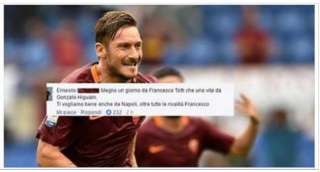 TOTTI PUBBLICA UNA FOTO CON UN MESSAGGIO, UN TIFOSO DEL NAPOLI LO SPIAZZA - 29/03/2017