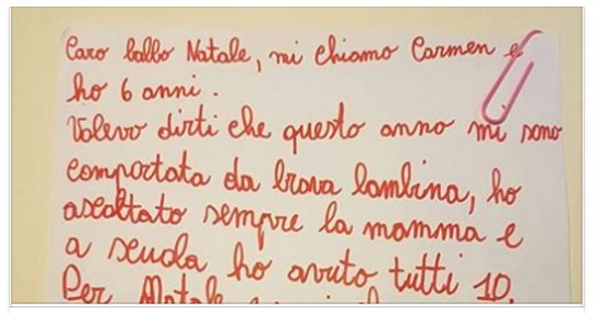 ''COSI' SAREBBE FELICE'': LA LETTERINA DI NATALE DI CARMEN COMMUOVE TUTTI - 15/12/2016