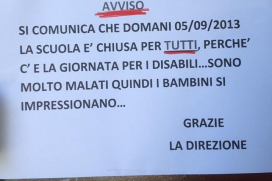 SUORA SCRIVE CARTELLO RACCAPRICCIANTE SUI DISABILI E LO ATTACCA AL MURO - E' POLEMICA - 15/05/2014
