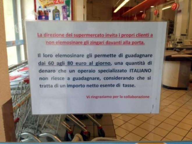 UN SUPERMERCATO AI CLIENTI: ''NON DATE I SOLDI AI ROM, GUADAGNANO PIU' DI UN OPERAIO'' - 24/10/2014