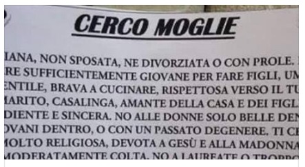 ''CERCO MOGLIE RELIGIOSA E SOTTOMESSA'', L'ANNUNCIO DIVENTA VIRALE SUL WEB - 07/12/2016