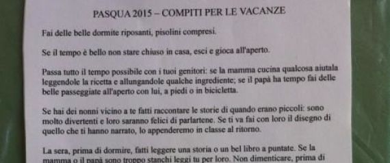 ''RIPOSATI, GIOCA ALL'APERTO E PASSA TEMPO CON I TUOI GENITORI''. CONSIGLI DI VITA INVECE DEI COMPITI DELLA VACANZE DI UNA MAESTRA - 03/04/2015