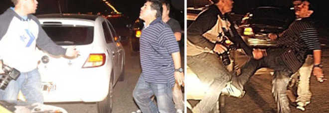 MARADONA, RISSA FURIOSA: SASSI, CALCI E INSULTI AI PAPARAZZI - FOTO ALL'INTERNO - 17/05/2013