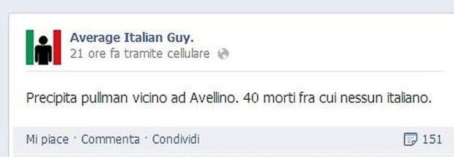 IRPINIA, RAZZISMO SU FACEBOOK: ''40 MORTI, NESSUN ITALIANO'' - FOTO - 30/07/2013