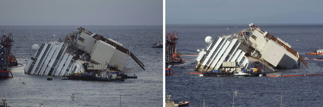 LA CONCORDIA SI SOLLEVA, SI È DISTACCATA DALLO SCOGLIO. ''SUPERATI I 10°'' - FOTO - 16/09/2013