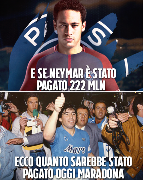 VI SIETE MAI CHIESTI QUANTO SAREBBE STATO PAGATO MARADONA OGGI? ALTRO CHE 222 MILIONI DI EURO DI NEYMAR: LA CIFRA E' PAZZESCA - 04/08/2017