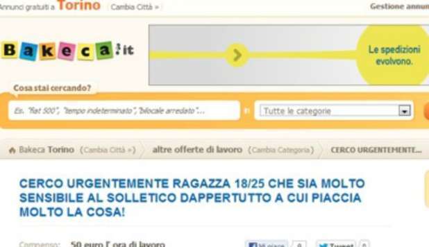 'CERCO RAGAZZA PER FARLE IL SOLLETICO: PAGA 50 EURO L'ORA' - 30/09/2012