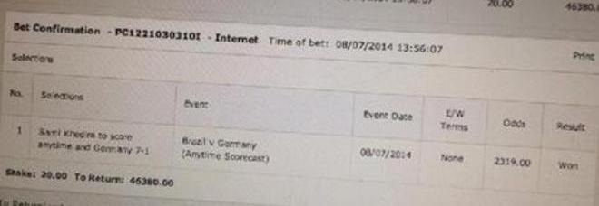 PUNTA 20 DOLLARI SUL 7-1 DELLA GERMANIA E SUL GOL DI KHEDIRA NE VINCE 46 MILA - 09/07/2014