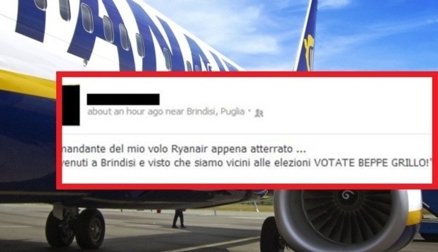 IL VOLO RYANAIR ATTERRA, IL PILOTA: 'VOTATE GRILLO'. BUFERA SUL WEB - 21/02/2013